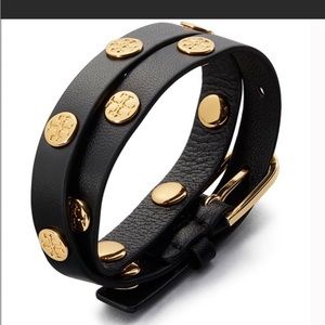 Tory Burch black leather gold logo wrap bracelet
